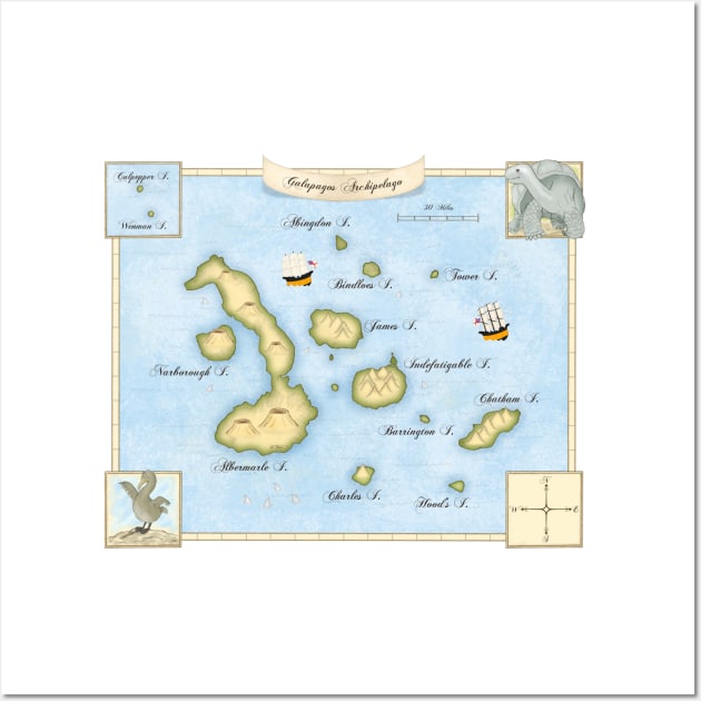 Galapagos Archipelago Map With Sailing Ships Wall Art by Mozartini